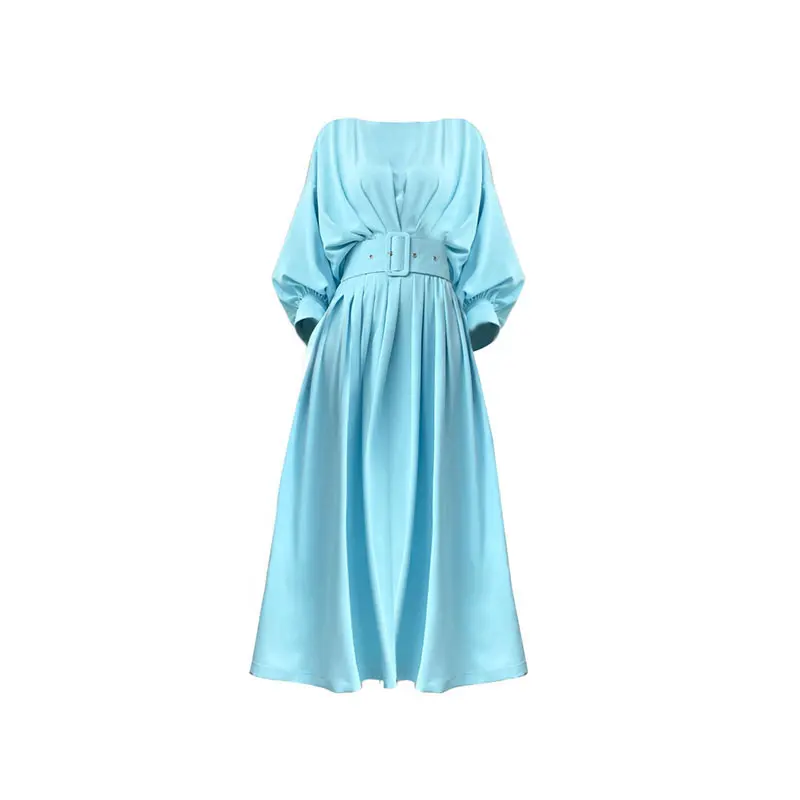 

XITAO Solid Color Sashes Dress Draped Summer New Simplicity Elegant Women Loose Slash Neck Collar Three Quarter Sleeve WMD0497
