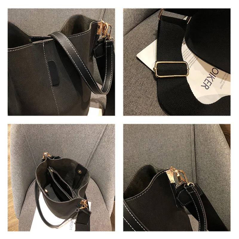 

Women's bucket shoulder bag women's tote bag large capacity, vintage, matte, faux leather handbags black for women