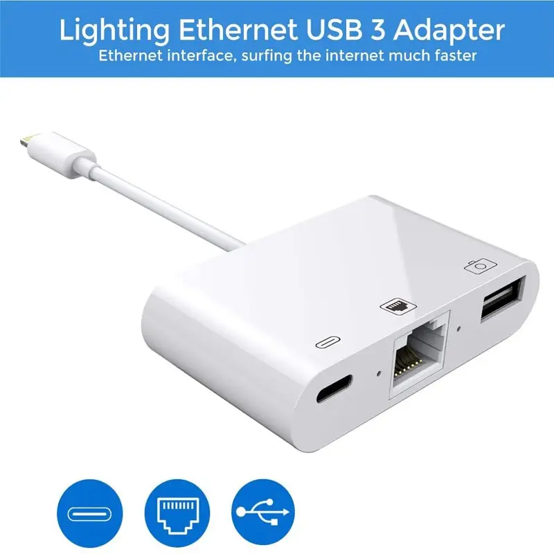 Проводной сетевой адаптер Lightning 3 в 1 для RJ45 Hub 0 Ethernet LAN Кабель USB OTG iphone к