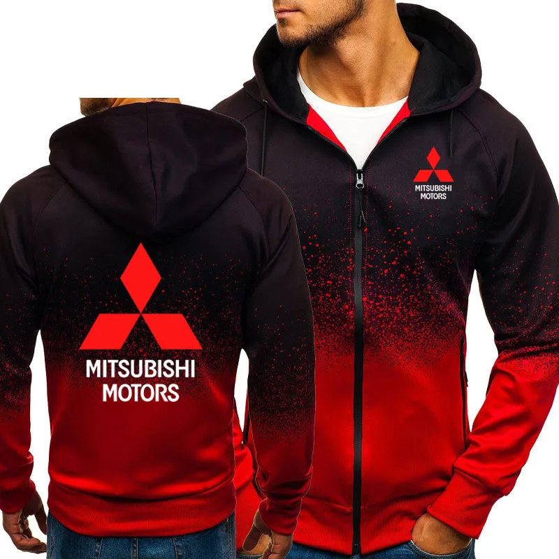 

2021 Hoodies Men Mitsubishi Car Logo Print Casual Harajuku Gradient color Hooded Fleece Sweatshirts zipper Jacket Man Clothing