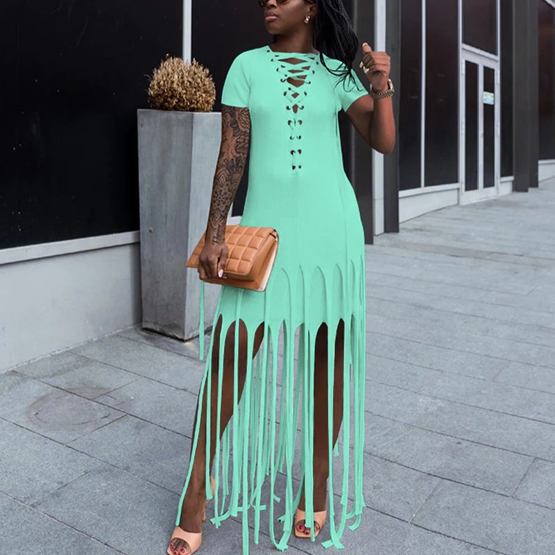 

5 Colors Women Plus Size Lace Up Tassel Design Casual Dress