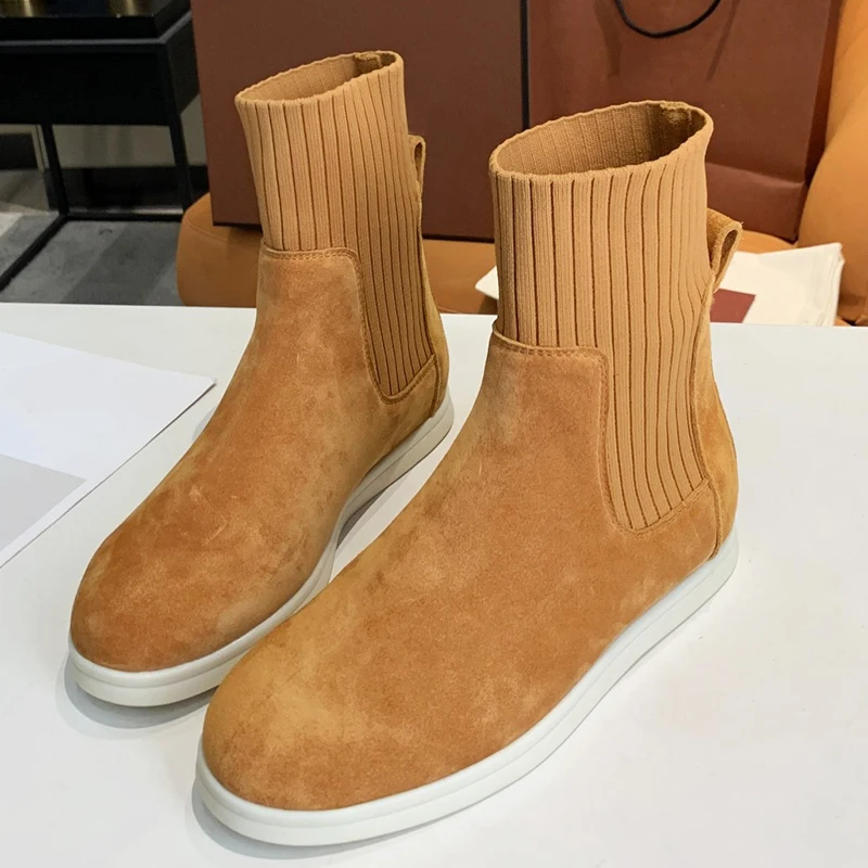 Goedkoop Ronde Neus Enkellaarsjes Voorjaar Merk Ontwerp Vrouwen Schoenen Vintage Elastische Gebreide Vrouwelijke Platte Laarzen