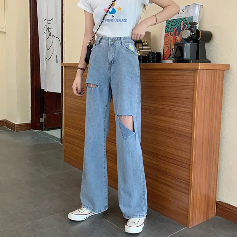 Осенние женские джинсовые брюки для отдыха свободные с высокой талией винтажные