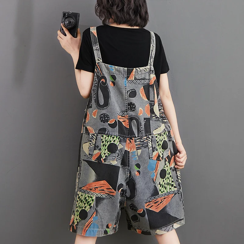 Summer Sexy Vintage Printed Denim Overalls For Women Loose Wide Leg Short Jumpsuits Pockets Retro Playsuit Ladies