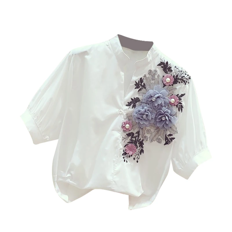 2021 летняя новинка Женская блузка и рубашки с вышитыми цветами хлопковые офисные