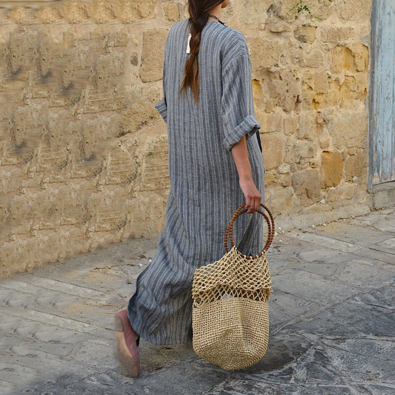 CHICEVER Vintage Striped Dress For Women V Neck Half Sleeve Loose Plus Size Autumn Long Dresses Female Clothes Fashion New | Женская