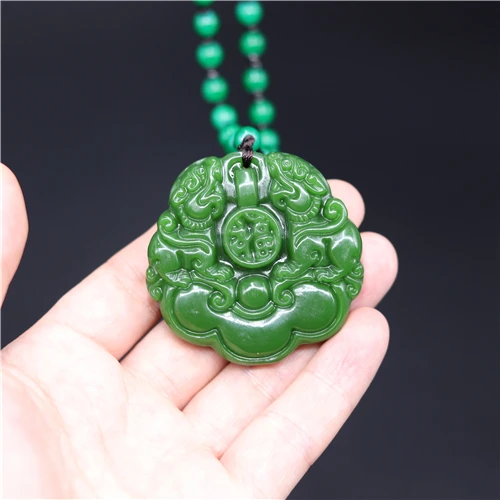 Натуральный зеленый китайский нефритовый кулон Pixiu ожерелье с тигром
