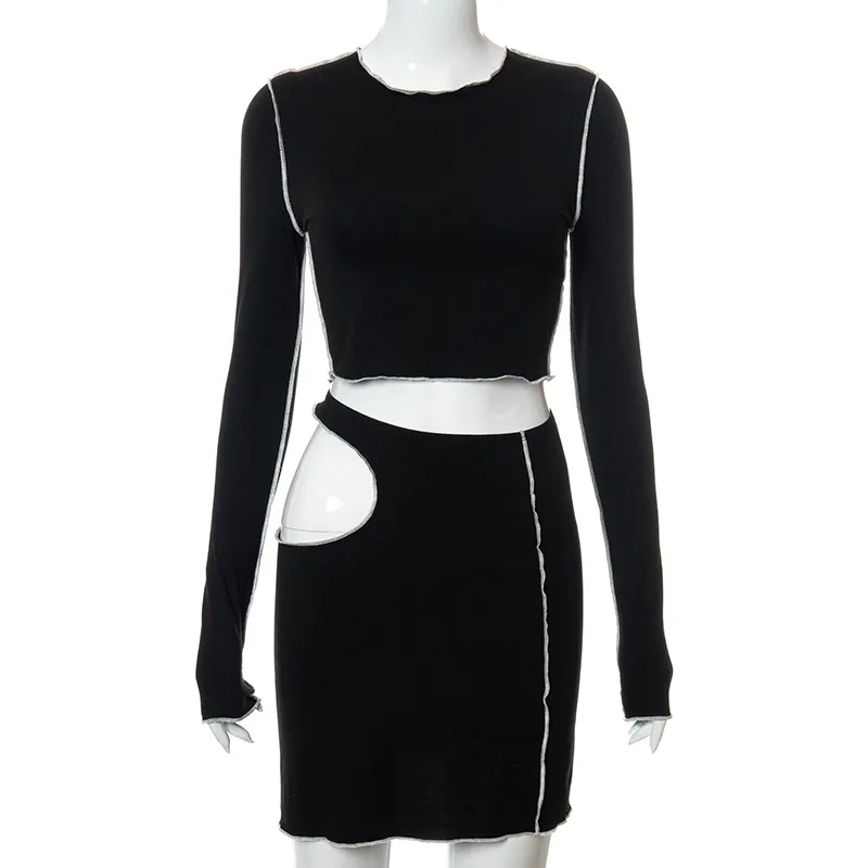 

Eversea Skinny Dress Women Long Sleeve Sexy Women Night Club Contrast Color Cut Off One Piece