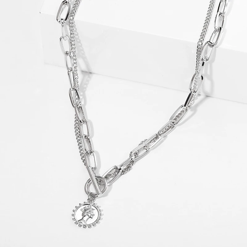 

Fashion Silver Color Coin Pendant Necklace For Girls Women Multilayered Portrait Thick Chunky Chain Choker Necklace Jewelry