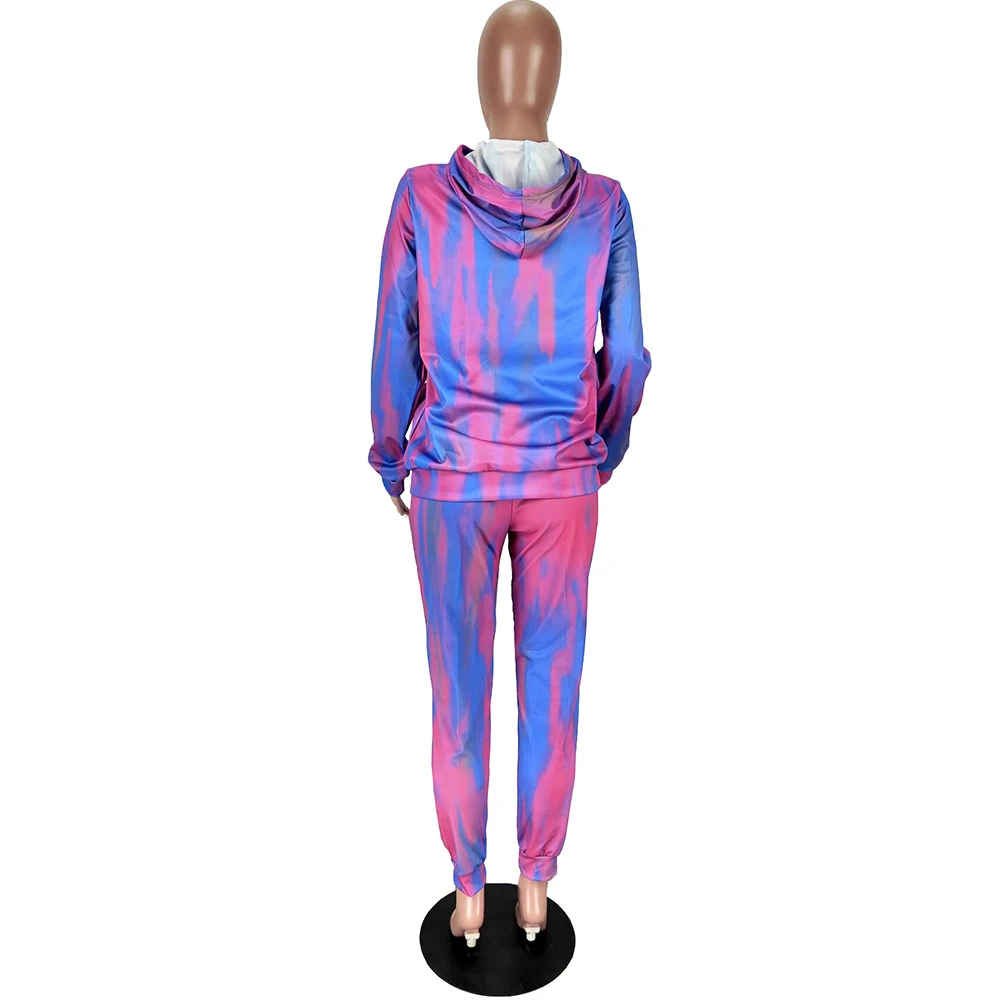 

Tie Dyeing Hollow Hooded Long Sleeve Sweatshirt and Bodycon Legging Casual Sweatsuit Activewear Female Fitness Two Piece Outfit