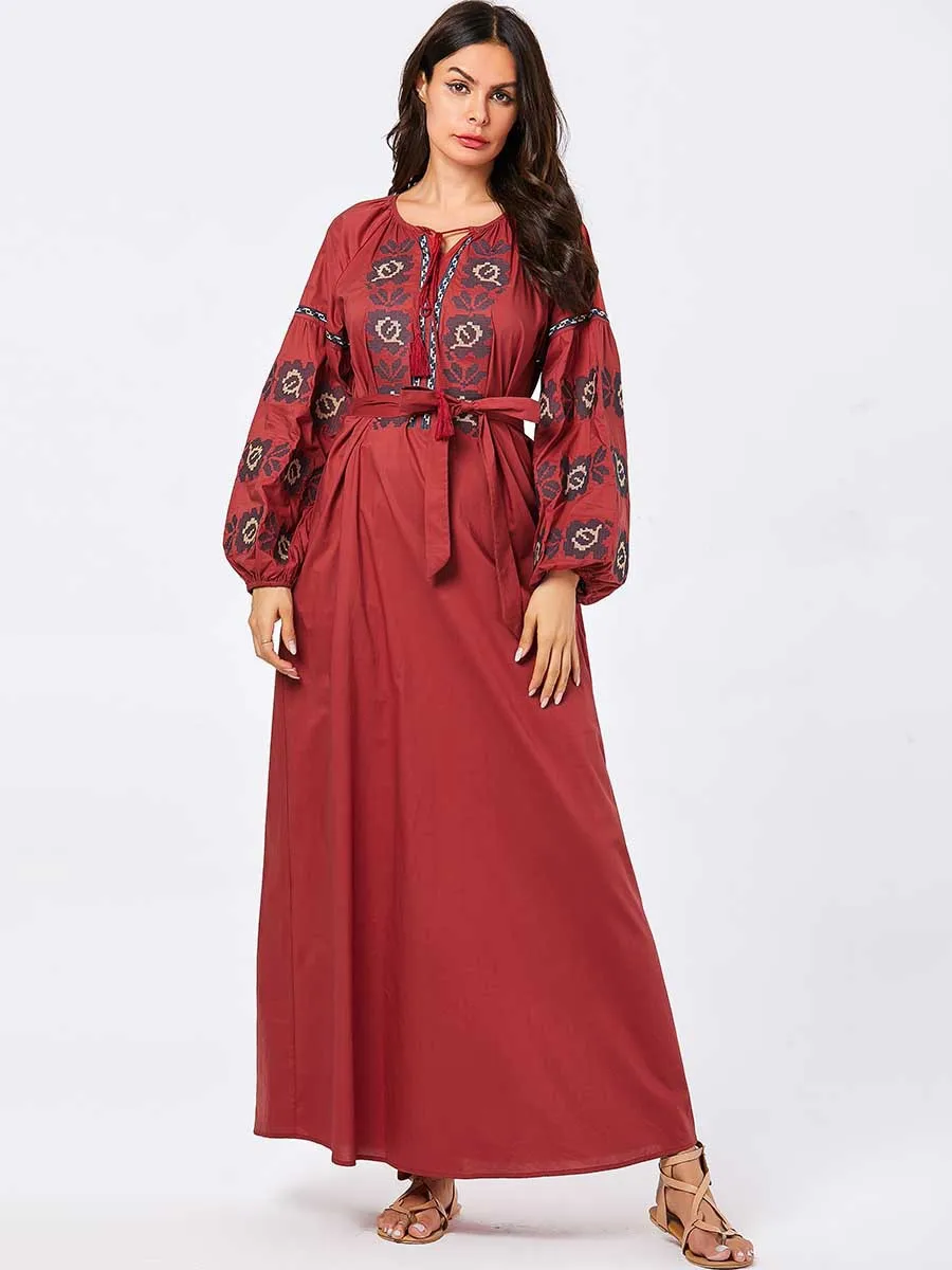 Мусульманское платье абайя женское с пышными рукавами на шнуровке цветочный