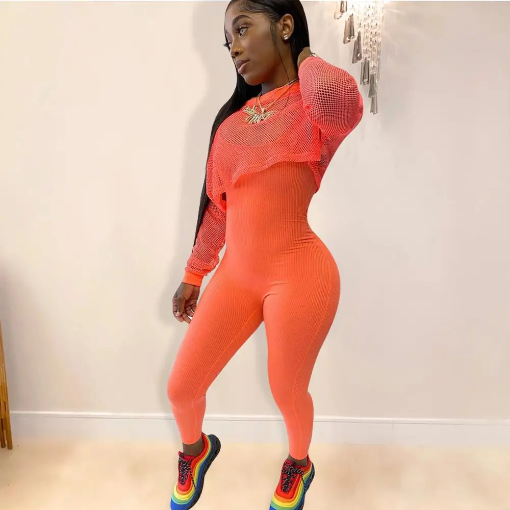 Spaghetti Strap Skinny Pencil Rompers Set Casual Lady's Grenadine O-Neck Full Sleeve Crop Tops Women Solid Color Two Piece Sets