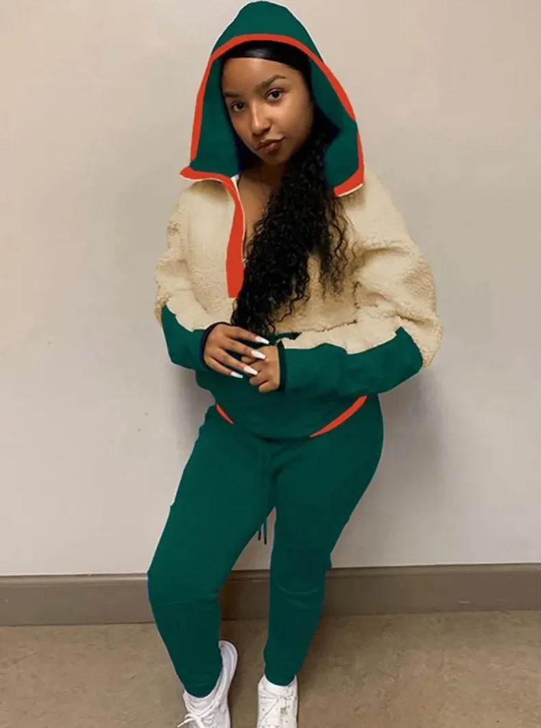 

Female Woolen Patchwork Tracksuit Loose Plus Velvet Faux Lamb Wool Hoodies Pants Two Piece Set Winter Tracksuit for Women 2020