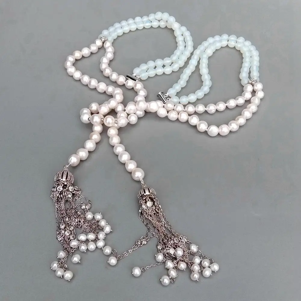 Длинное ожерелье YYGEM длинная цепочка 9-10 мм с пресноводным культивированным Белым