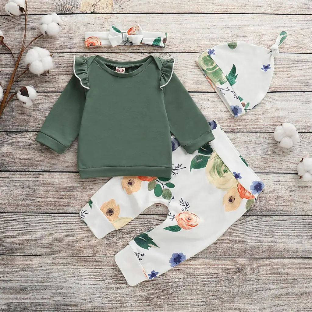 4 предмета детская одежда для малышки осенний комплект одежды новорожденных топы