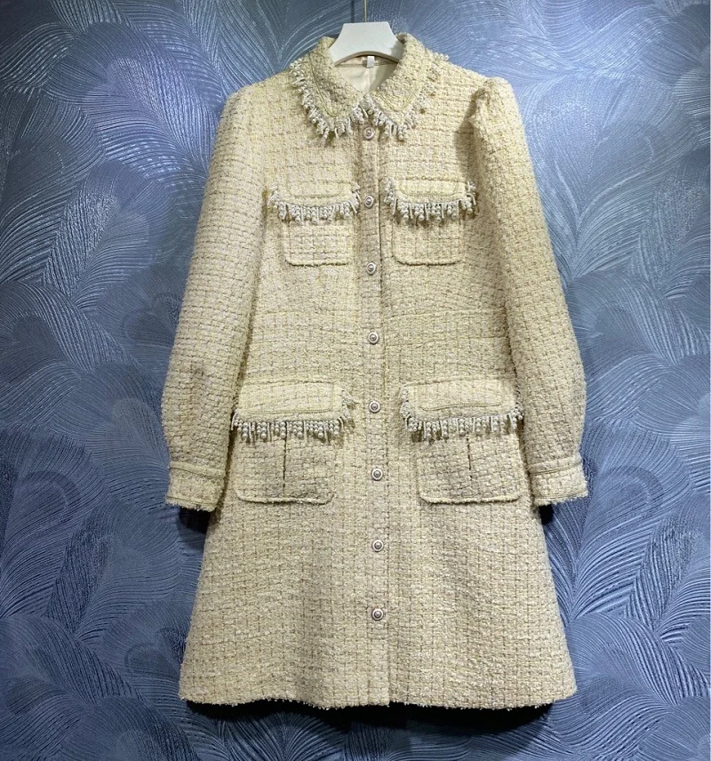 

Женское платье с отложным воротником, платье с длинным рукавом, украшенное бусинами, кисточками и карманами, Осень-зима 2021