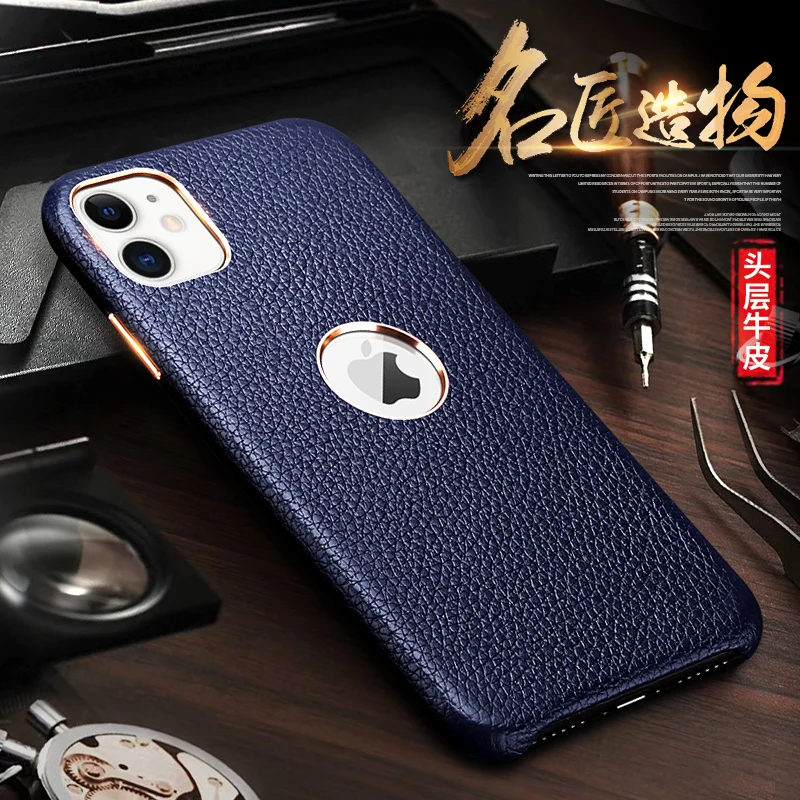 Чехол из натуральной воловьей кожи для iPhone 7, 8 Plus, X, XR, XS, 11 Pro, Max, бизнес чехол из зернистой кожи с металлической кнопкой