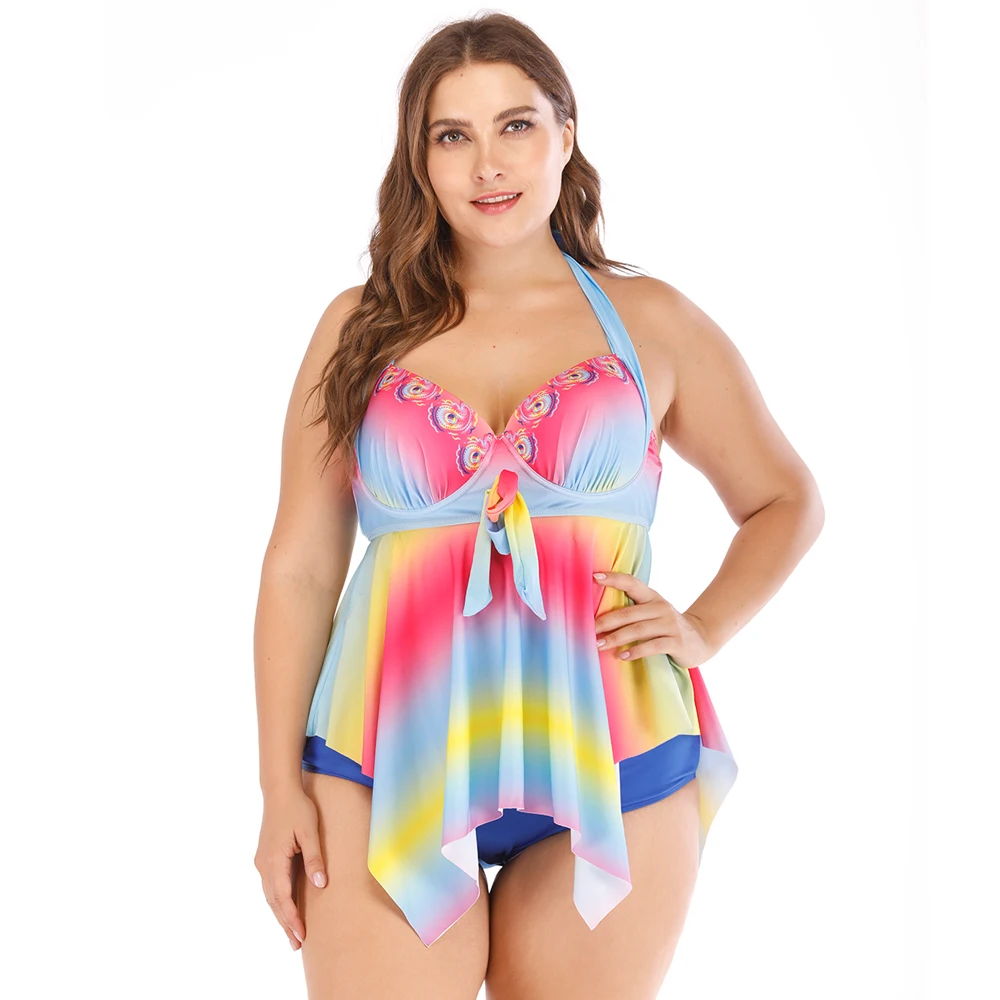 Женский купальный костюм из двух предметов с высокой талией и радужным
