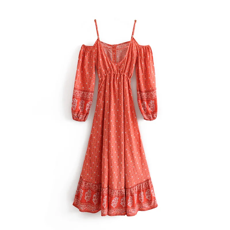 Everkaki Gypsy Floral Print Slip Dress Women Sashes Boho Adjustable Waist Off Shoulder Tassels Dresses Female Autumn New