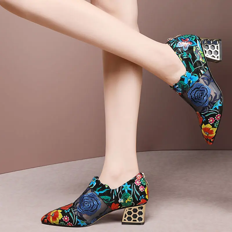 2022 Spring Mesh Shoe Woman,Embroidery Flower High Heels,Ethnic Hand Made Pumps,Pointed toe,Female Footware,RED,BLUE,Dropship