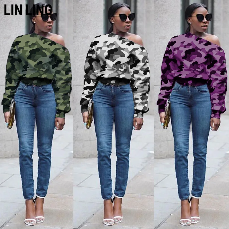 

LINLING Personalized Slant Collar Off Shoulder Button Up Long Sleeve Sexy Casual Versatile Camouflage Pullover