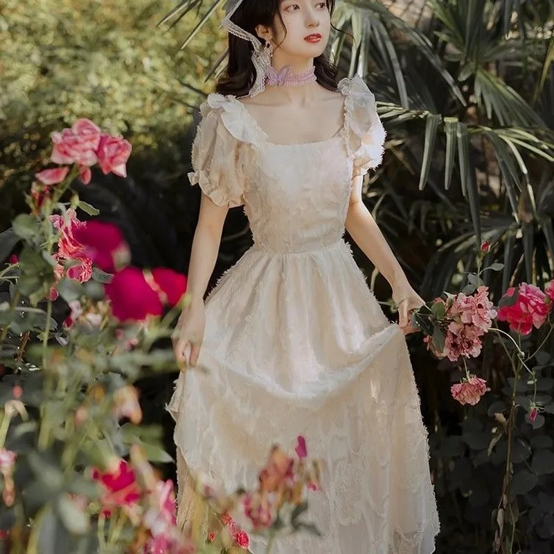 

Vintage Dress Women Elegant Puff Sleeve Chiffon Fairy Dress Summer Embroidery Floral Elegant French Style Summer Dress 2021 New