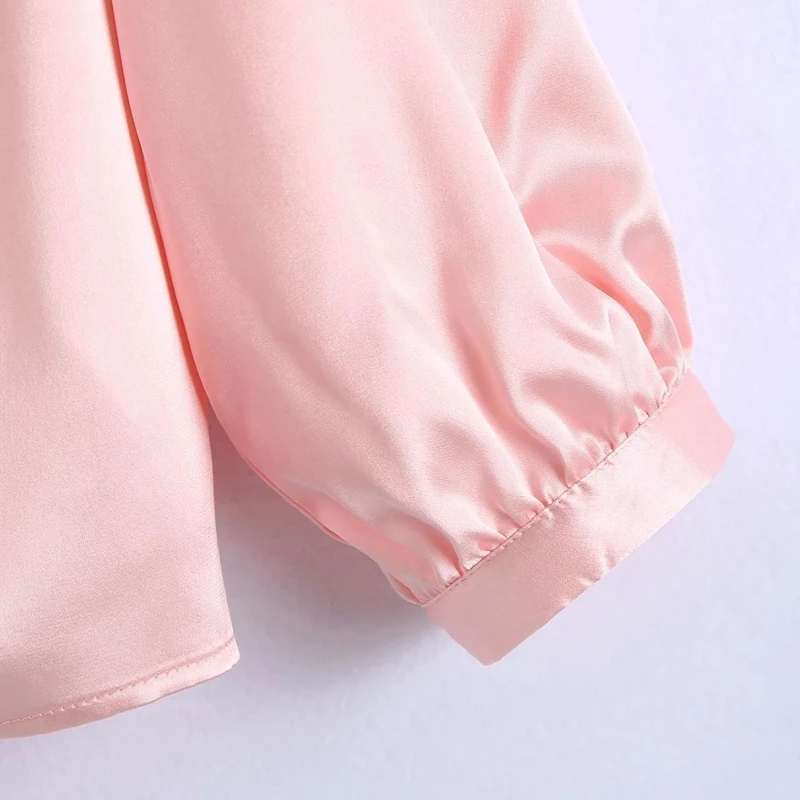 

Summer Women Lace Up Bow Pink Satin Short Blouse Female Three Quarter Sleeve Shirt Casual Lady Loose Tops Blusas S8829