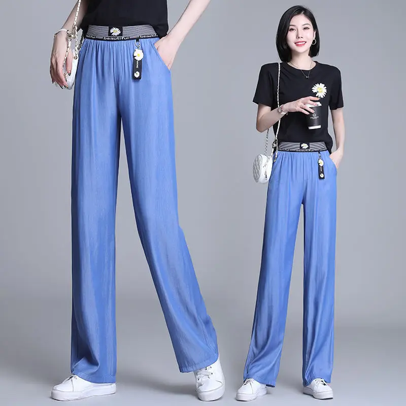 

New 2021 Summer Women Ice Silk Jeans Femme Casual Loose Pants Elastic Waist Thin Denim High Waist Jeans Fashion Jeans Woman