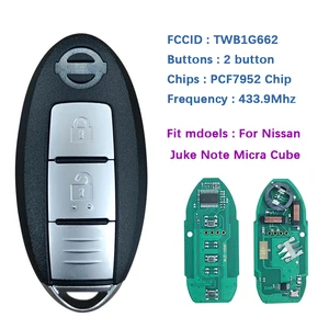 CN027035 10 Pieces Aftermarket 2 button Smart Key For Nissan Juke Note Micra Cube Remote TWB1G662 433.9mhz PCF7952 Chip