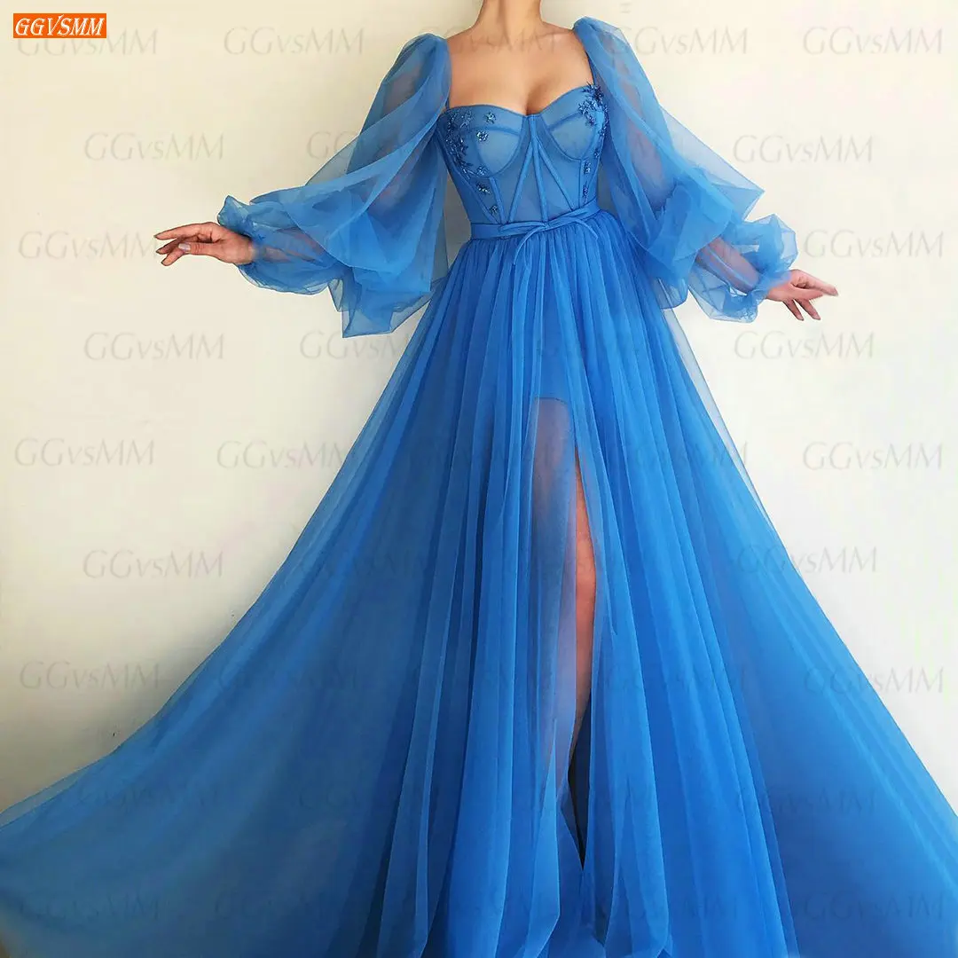 Noble Royal Blue Prom Dresses Long Sleeves 2021 vestido de fiesta largo A Line Tulle выпускное платье Bohemian Women Party Gowns