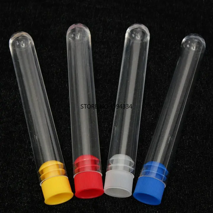 

100pcs 15x100mm Clear Plastic test tubes with blue/red stopper push cap for kind experiments and tests