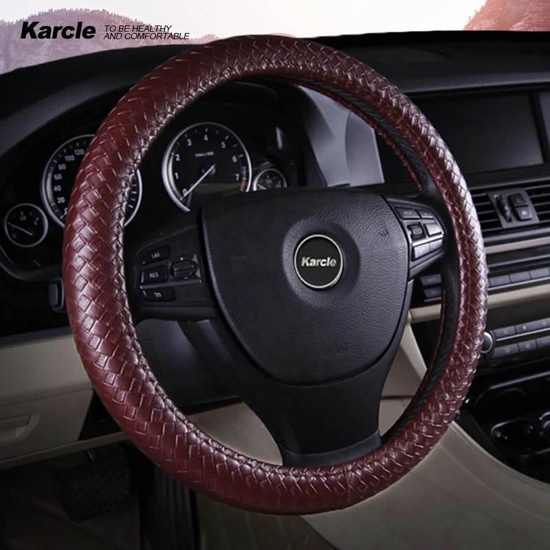 

Karcle Braiding Style Steering Wheel Cover Protector PU Leather Steering Cover With Inner Ring Universal 15 Inch Car Styling