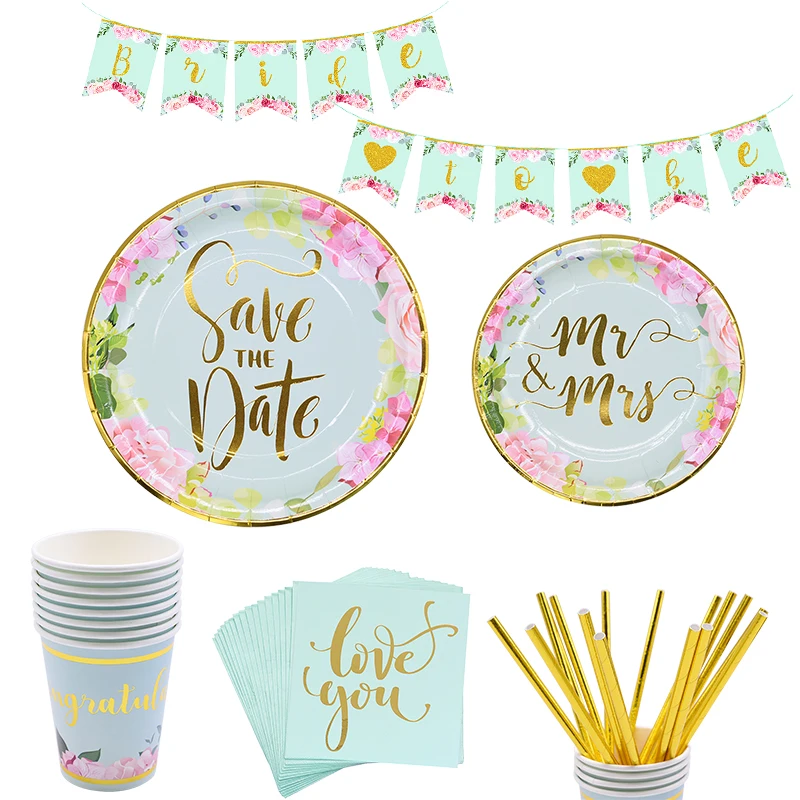 

Disposable Tableware Sets Bronzing" Bride "banner Paper Plates Cups Straws Napkins Wedding Anniversary Party Decoration Supplies