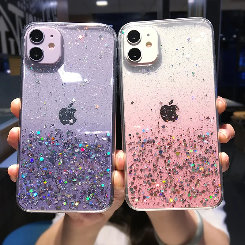 

Clear Glitter Phone Case For iPhone 12 Pro 11 Pro Max XS Max XR X 7 8 Plus 12 Mini SE 2020 Cute Gradient Rainbow Sequins Coque