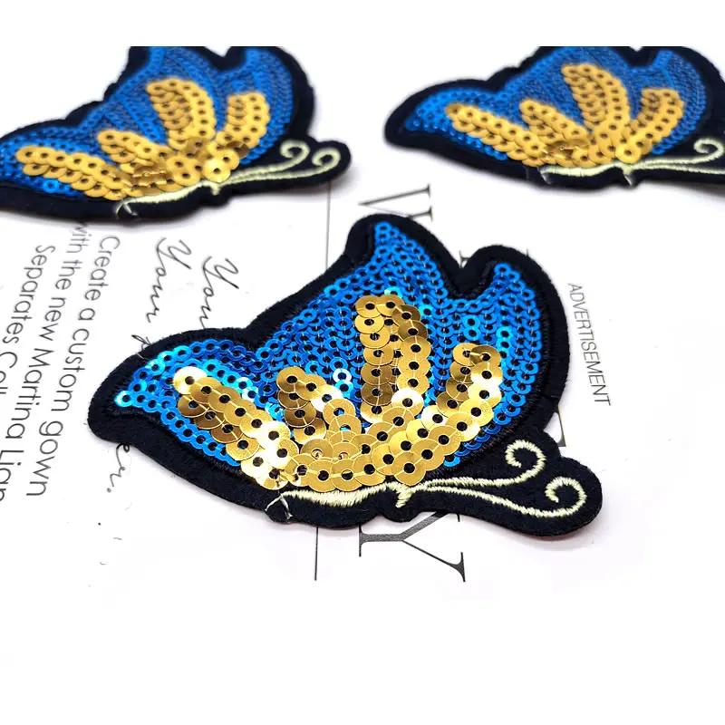

Blue Butterfly Laser sequins Embroidered Patch Applique Ironing Clothing Sewing Supplies Decrative Patch for T shirt Hat Bag DIY