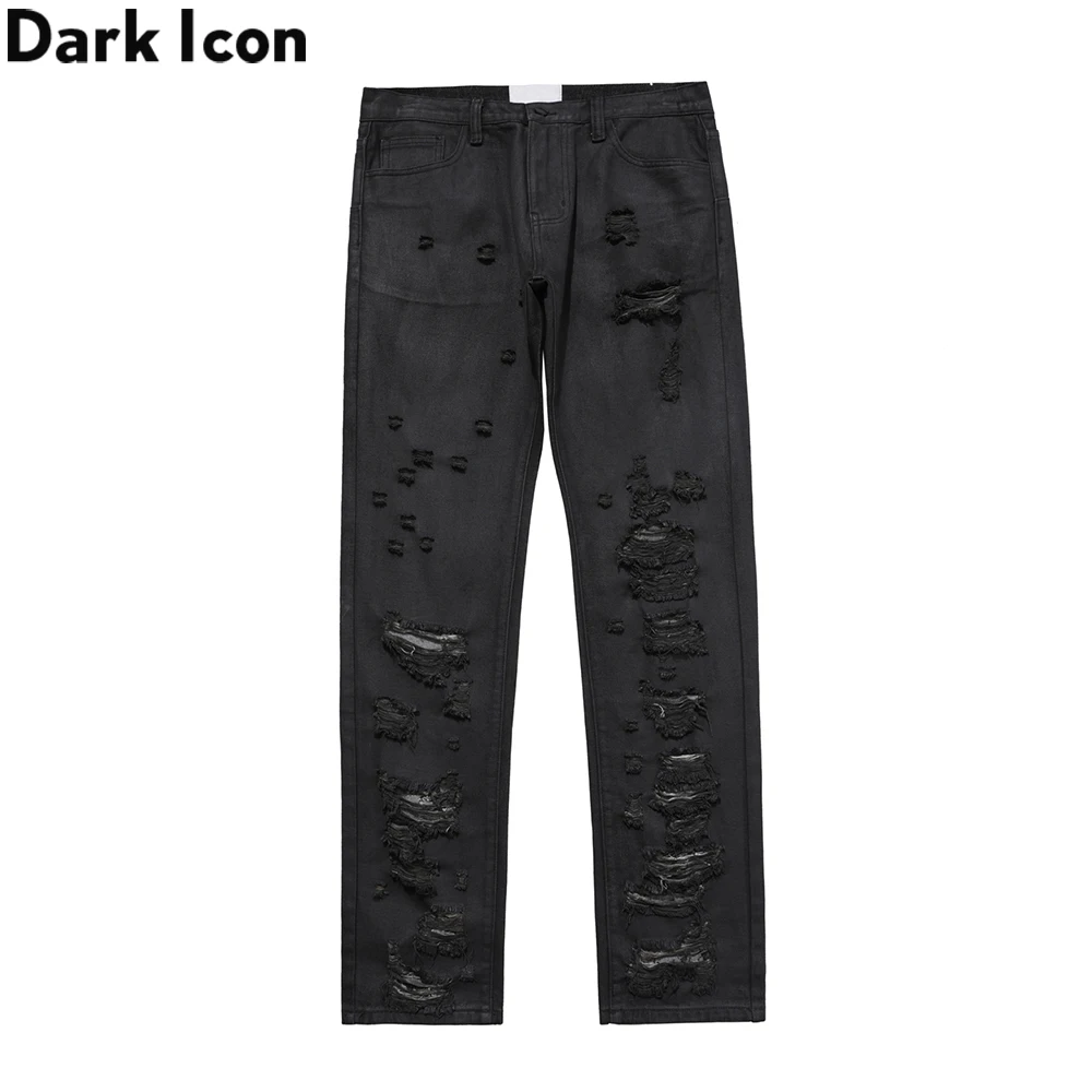 

Dark Icon Ripped Coating Denim Pants Men High Street Destroyed Men's Jeans Black
