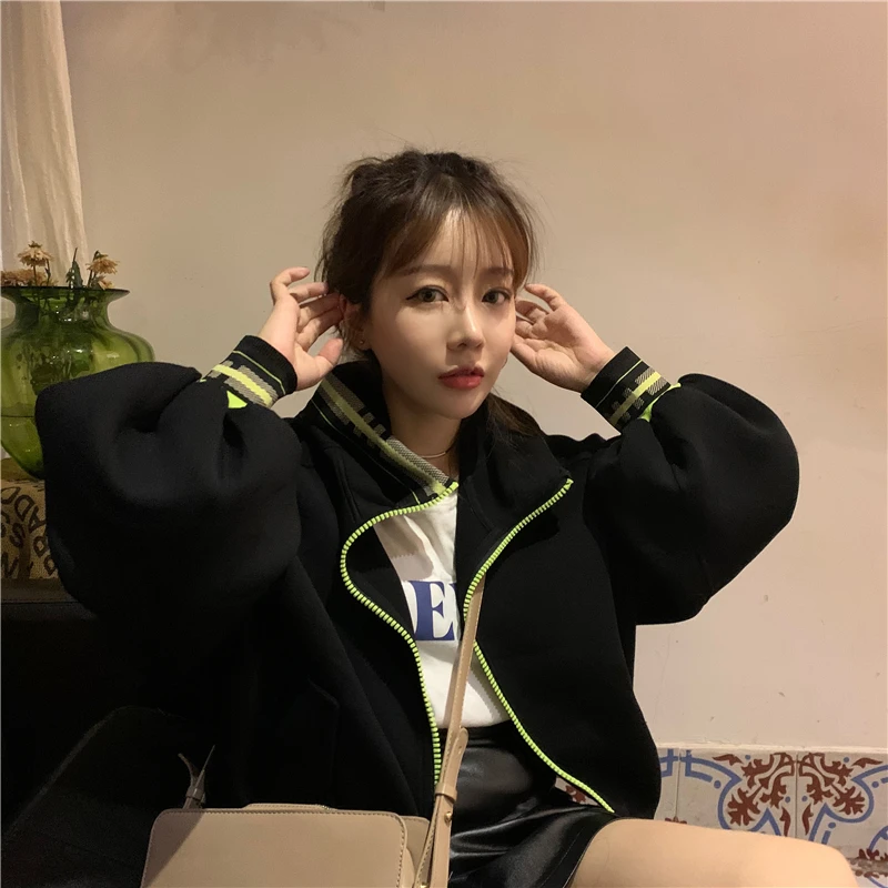 

Women Hoodies Sweatshirts Solid Loose Zip-up Outwear Hooded Jacket Overcoat