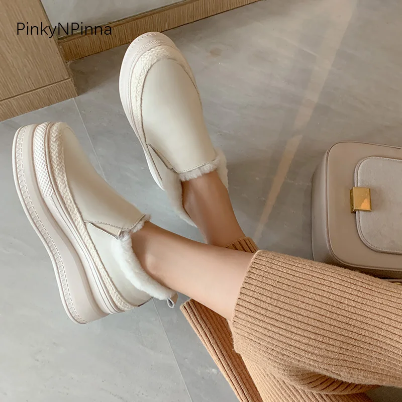 Милая женская зимняя повседневная обувь Теплые удобные лоферы из натуральной