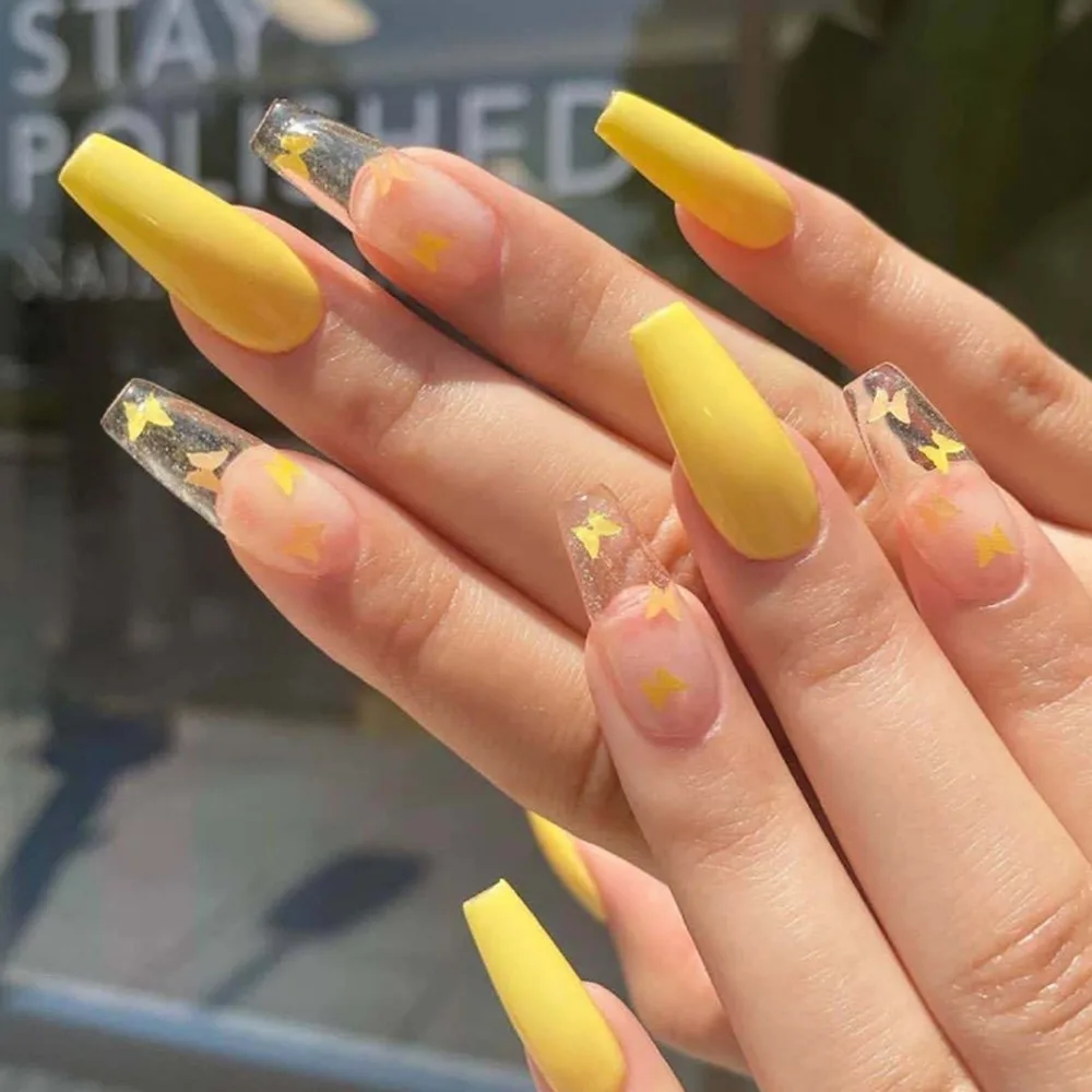 

24pcs/box Full Cover fake Press on Nails Matte Yellow Pure Acrylic Frosted Ballerina acrylic for nails for Women and Girls