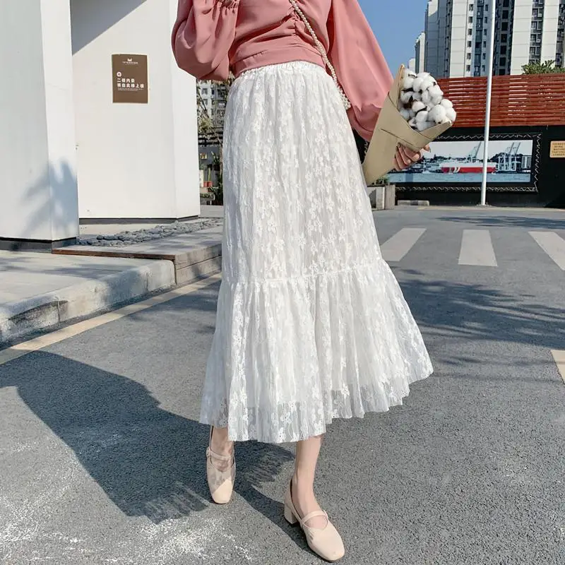 

Женская кружевная юбка с оборками, элегантная юбка с оборками на обеих сторонах, трапециевидная эластичная юбка с высокой талией, Новинка л...