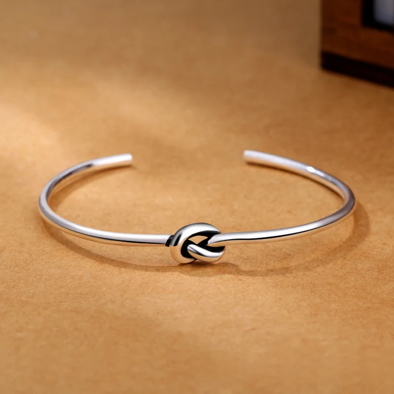 

S925 Stamp Silver Handmade Knot Thai Bangle Bracelet Simple Vintage Cuff Open For Women Men S-B284