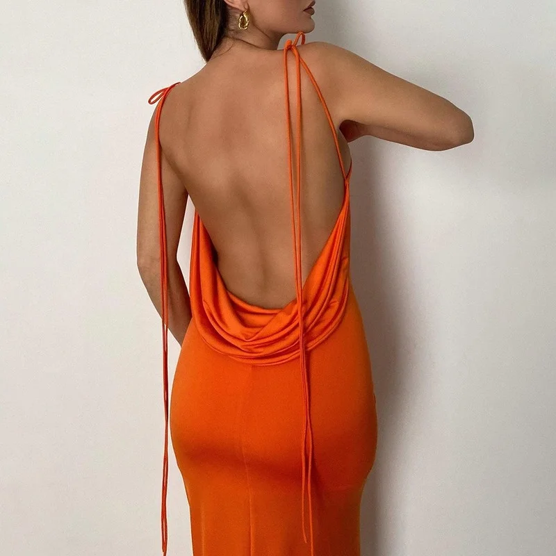 

Women Fashion Dress Orange Green Sexy Square Tie Tie Slim Backless Umbilical Skirt 2021 Summer New