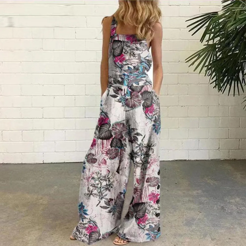 

Ladies Floral Print Lattice Bib Overalls Women Sleeveless Suspender Jumpsuit Loose Wide-Leg Pants Long Pants S-3XL