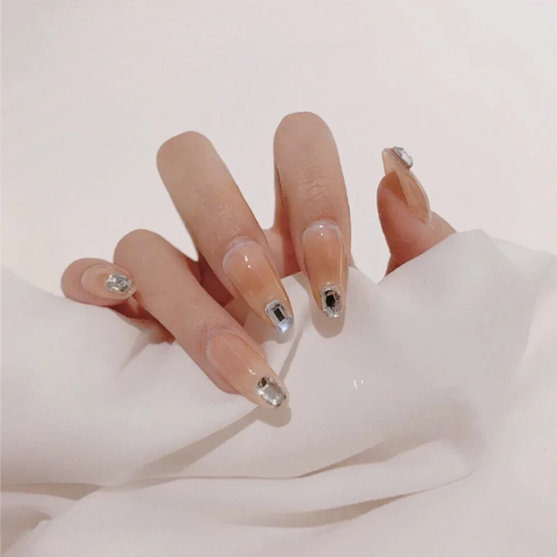 

24pcs Beige Nail Patch Diamond Inlaid Round Head Glue Type Removable Long Paragraph Fashion Manicure False Nails Patch CIN6 899