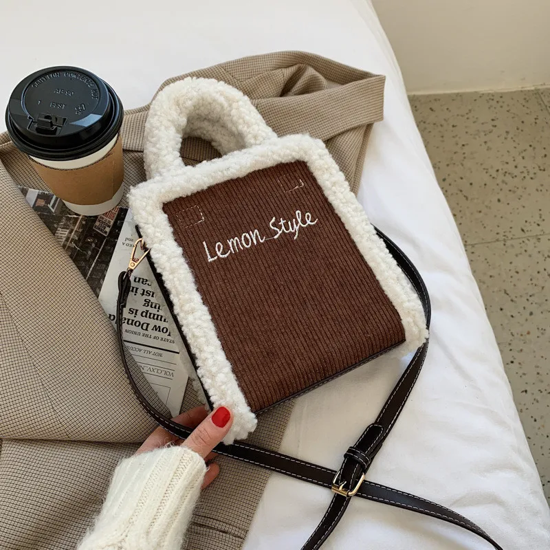 

Women Corduroy Lamb Hair Bag 2021 Tote Bag Simple Fashion Match Everything Retro Style Elegant Winter Shopping Bag