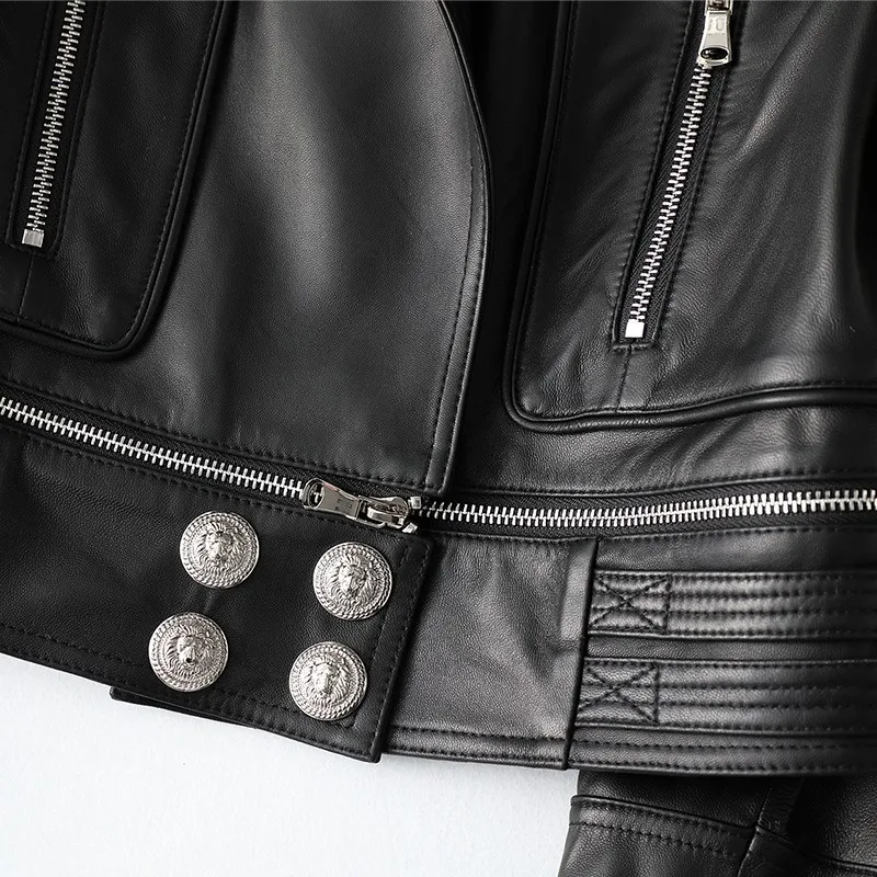

Quality 100% Genuine High Leather Motorcycle Short Jacket Women Slim Fit Patchwork Zip Sheepskin Coat Female Fashion Outerwear