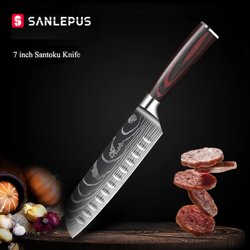 

SANLEPUS 7-дюймовый японский нож сантоку кухонные ножи с лазерным Дамасским узором острый шеф-нож Мясницкий режущий нож