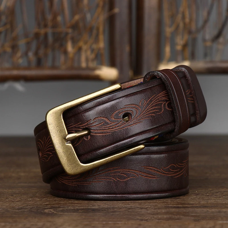 3.5CM wide vintage engraving pattern belt men leather pure cowhide copper buckle male genuine leather belt unisex