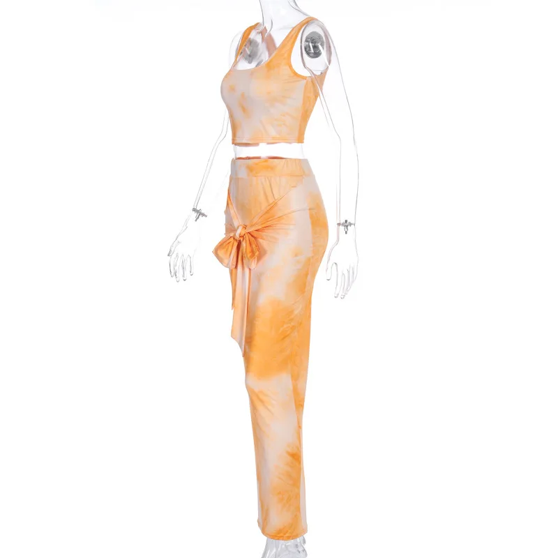 

Women Suit Sexy Sleeveless Skinny Tops High Waist Bandage Skirts Summer Tie Dye Polyester Sheath Femme Sets