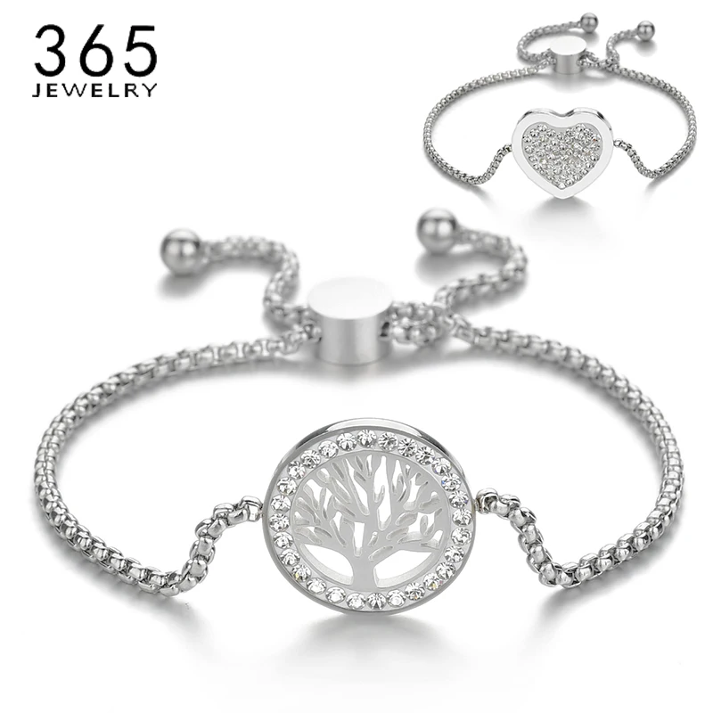 

New Stainless Steel Adjustable Heart Tree Bracelets Women Steel CZ Stone Family Bracelet Mother's Day Gift
